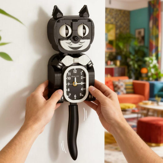 Classic Black Cat Clock Building Block Set,Moving Eyes & Wagging Tail,Wall Retro DIY Home Decor,Perfect Black Friday & Christmas Gift for Kids Kids & Adults