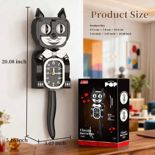 Classic Black Cat Clock Building Block Set,Moving Eyes & Wagging Tail,Wall Retro DIY Home Decor,Perfect Black Friday & Christmas Gift for Kids Kids & Adults